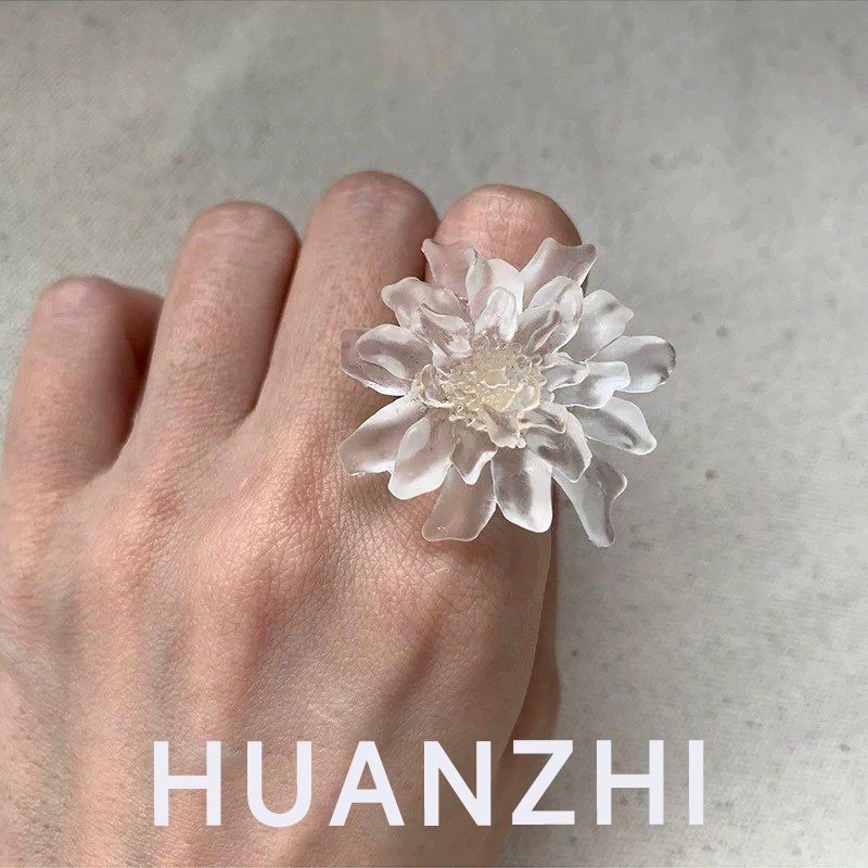 Resin Art Ring - HUANZHI Beyaz Şeffaf Buzlu Reçine Çiçek
